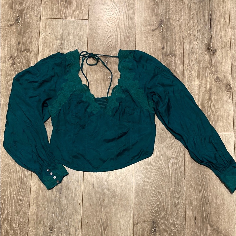 Elegant Turquoise Lace Trim Blouse from Free People